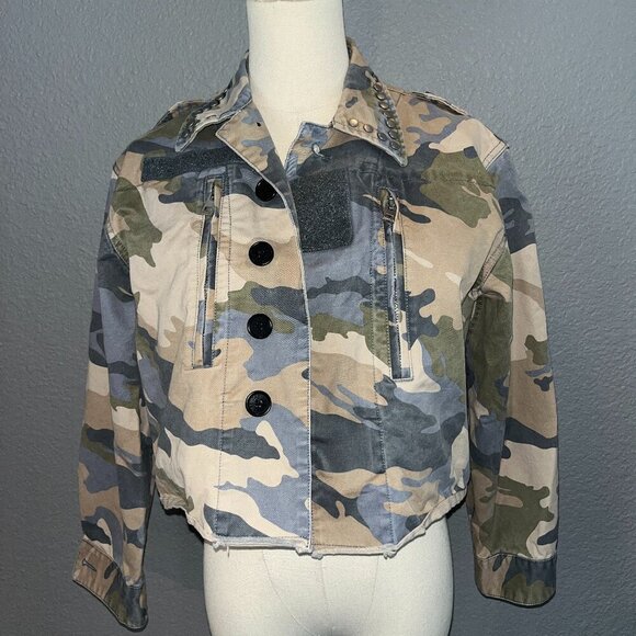ZADIG & VOLTAIRE CAMO CAMOUGLAGE STUDDED CROPPED ARMY MILITAYRY JACKET -EUC - XS - Picture 1 of 16
